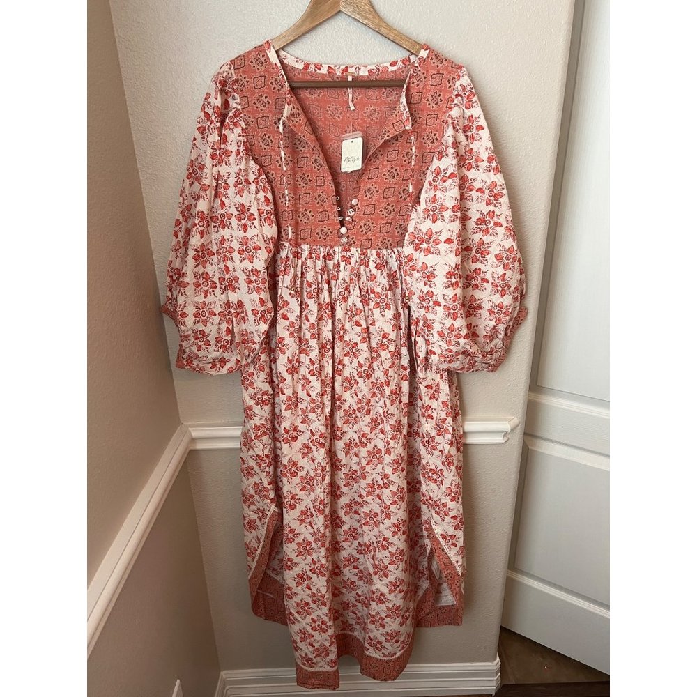 Free People Floral Boho Midi Dress in Dusty Rose and Cream